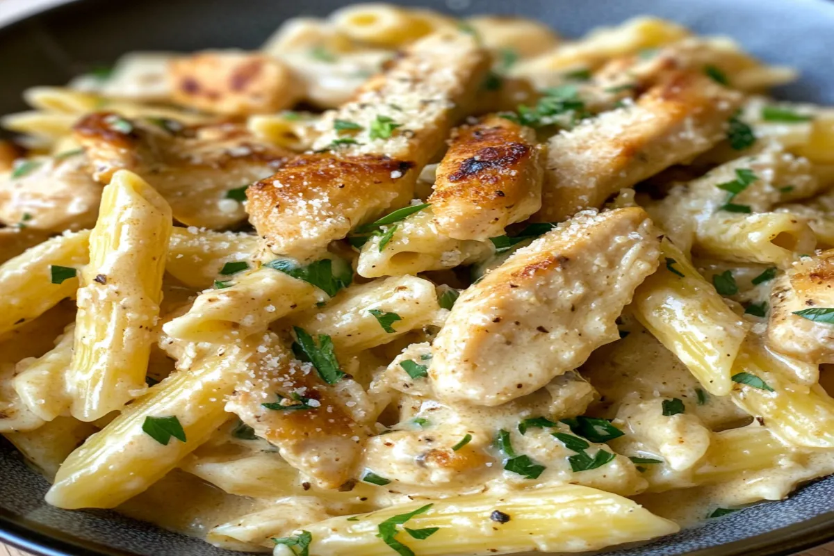 creamy garlic Parmesan chicken pasta in white bowl