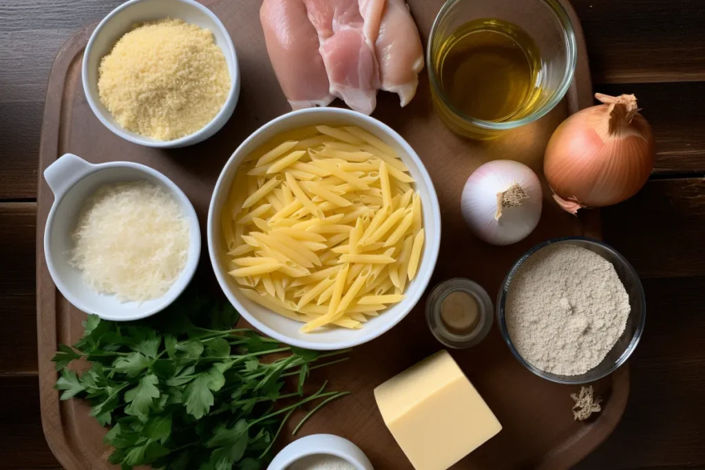 ingredients for creamy garlic Parmesan chicken pasta flat lay