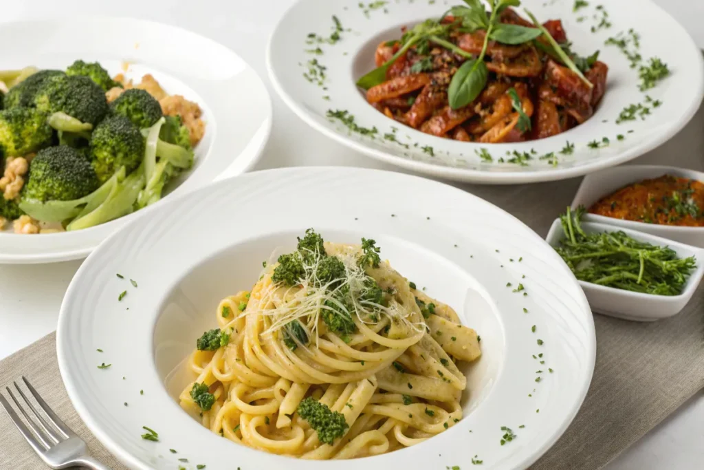 creamy garlic chicken pasta with broccoli and vegetable sides