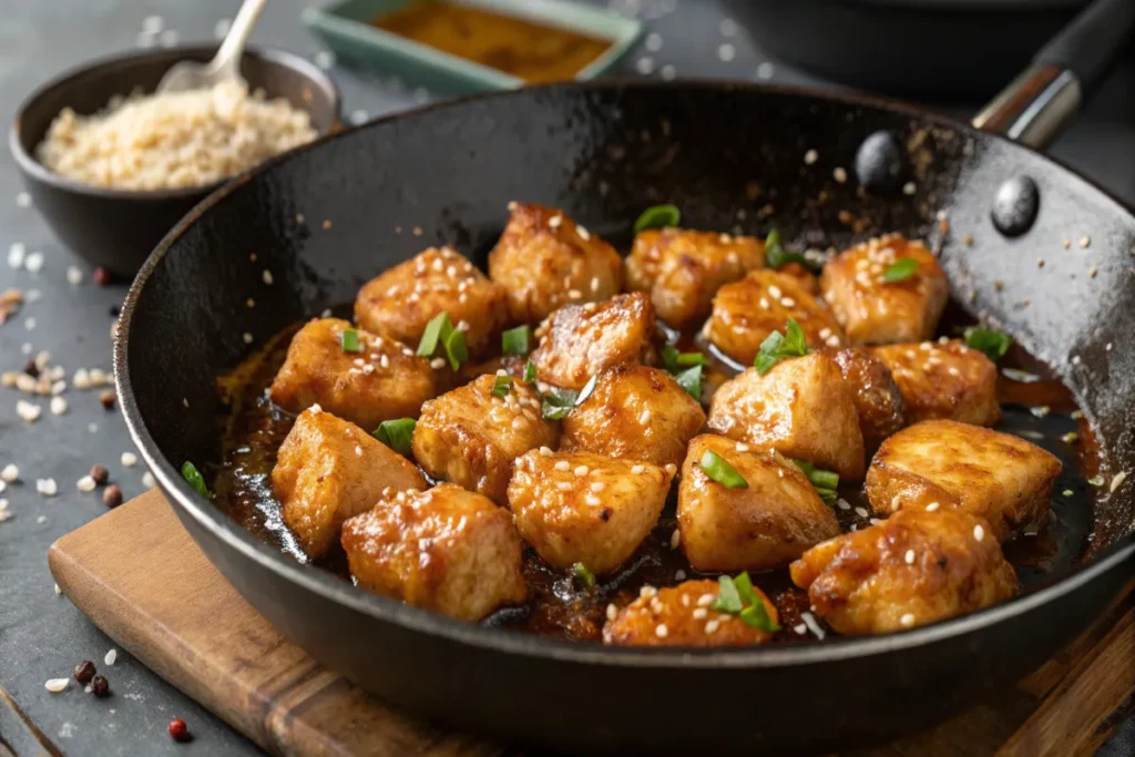 cooking honey garlic chicken bites in skillet