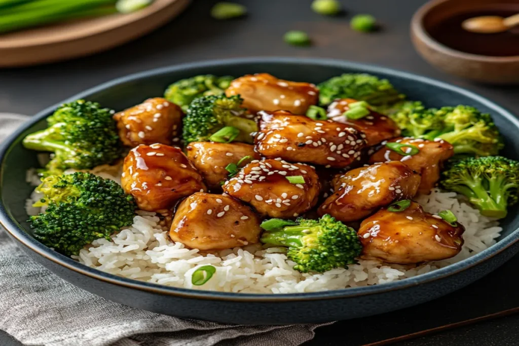 honey garlic chicken bites with rice and vegetables