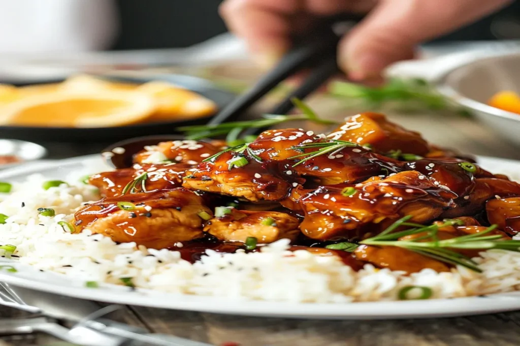 crockpot orange chicken with rice and green onions