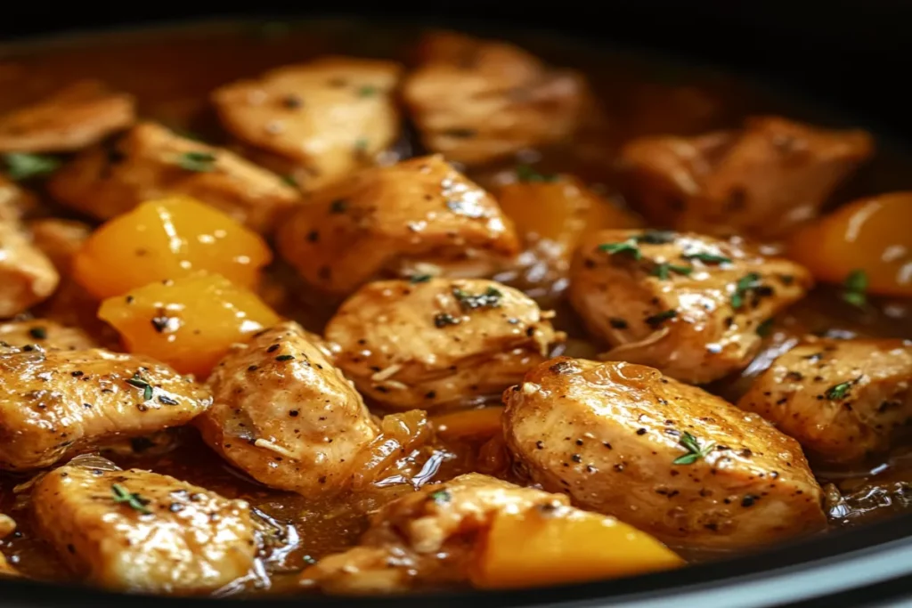 chicken cooking in orange sauce in a crockpot