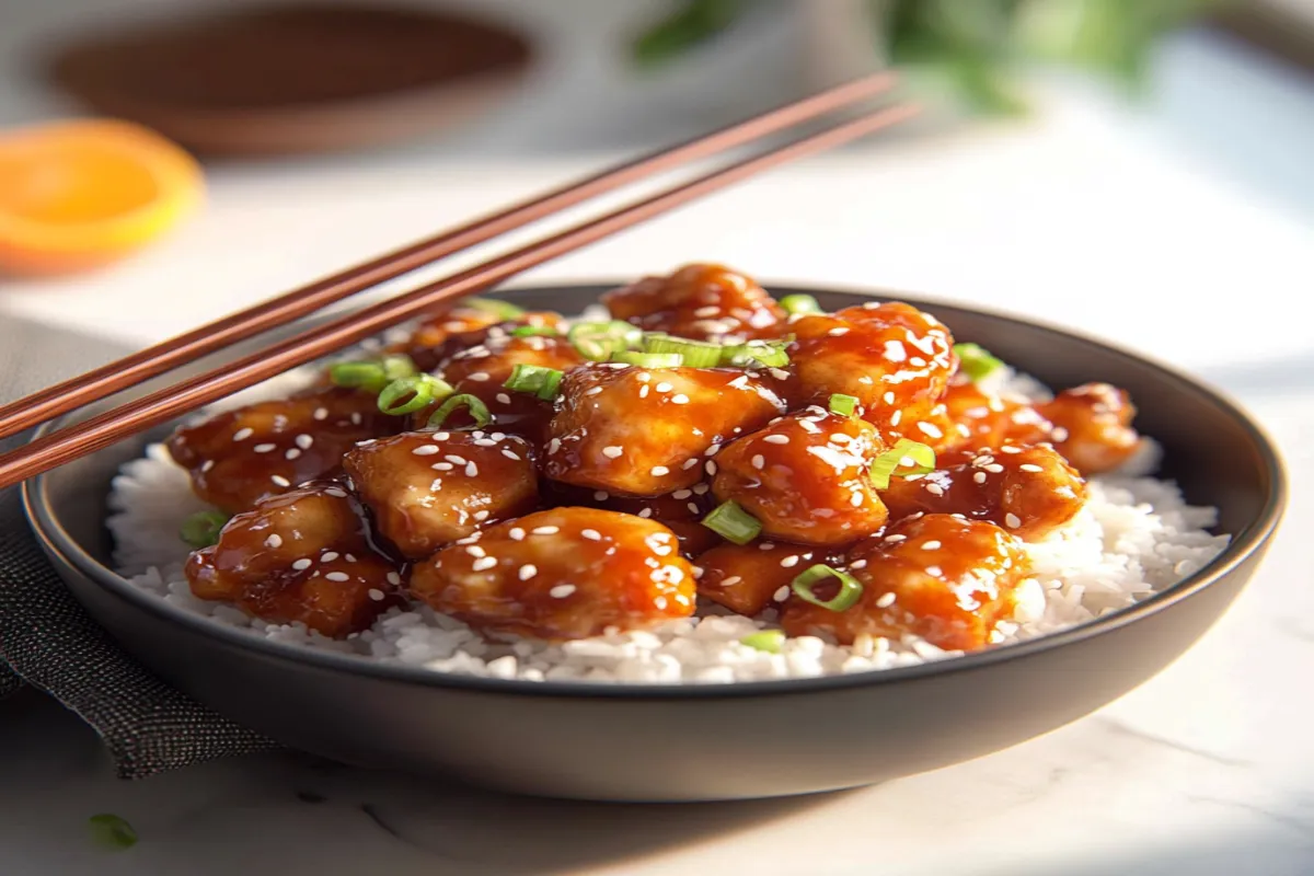 orange chicken rice bowl with sesame and scallions