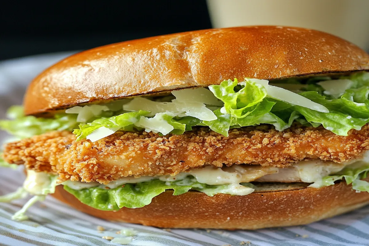 crispy chicken caesar sandwich on ciabatta