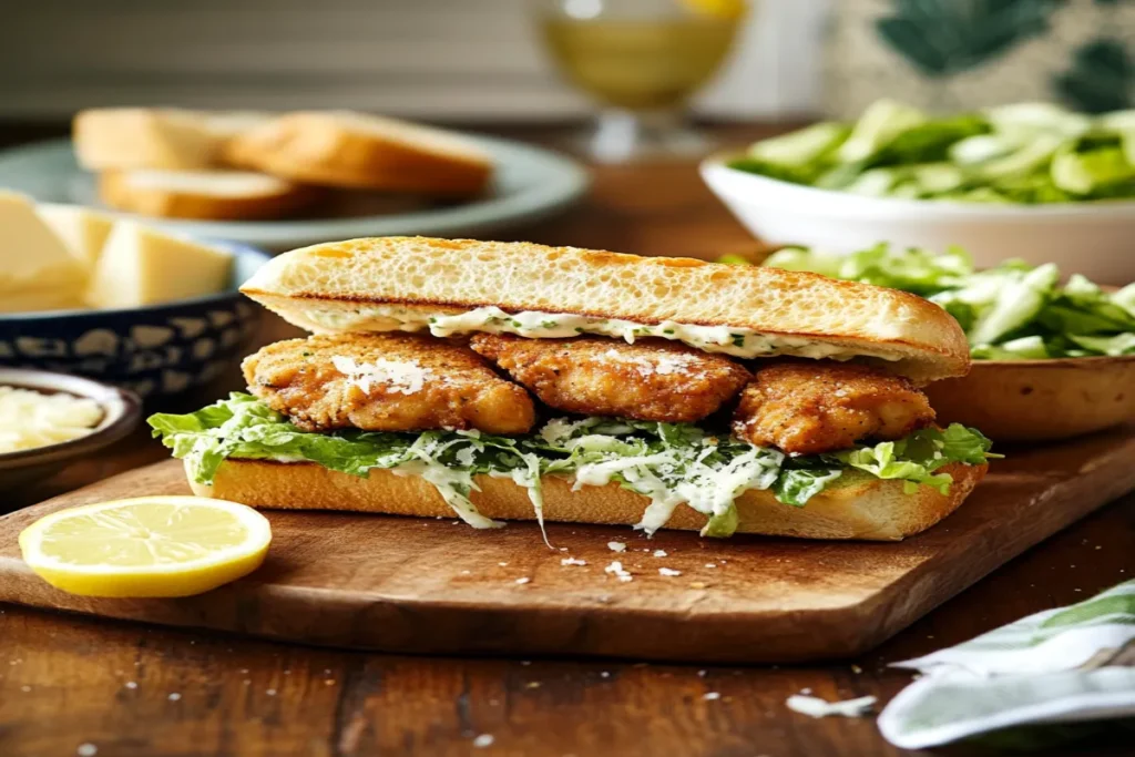 crispy chicken caesar sandwich on toasted baguette with romaine lettuce and parmesan cheese