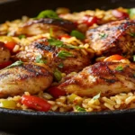 cajun chicken and rice in skillet