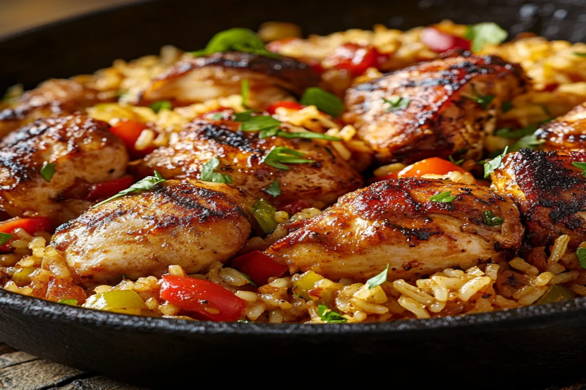 cajun chicken and rice in skillet