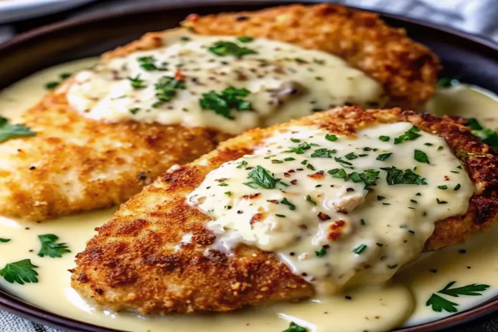 cooking parmesan herb crusted chicken in skillet
