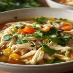 Bowl of rotisserie chicken soup recipe with fresh herbs