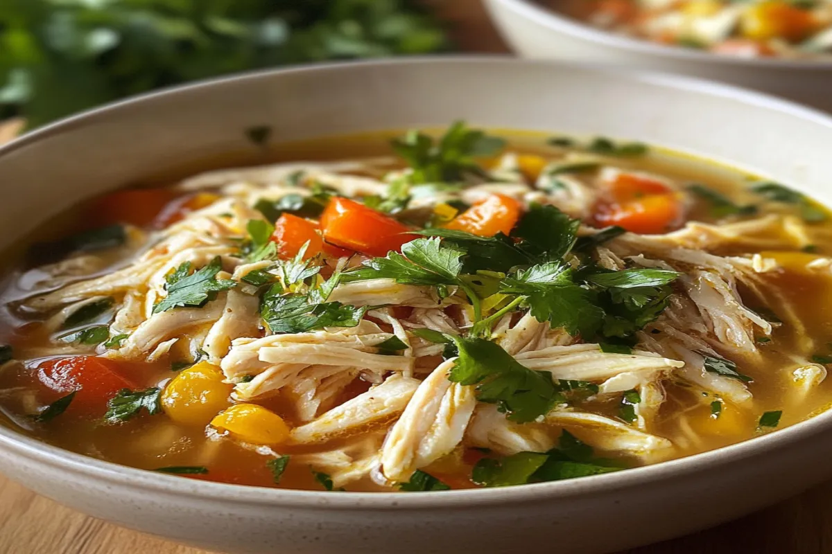 Bowl of rotisserie chicken soup recipe with fresh herbs