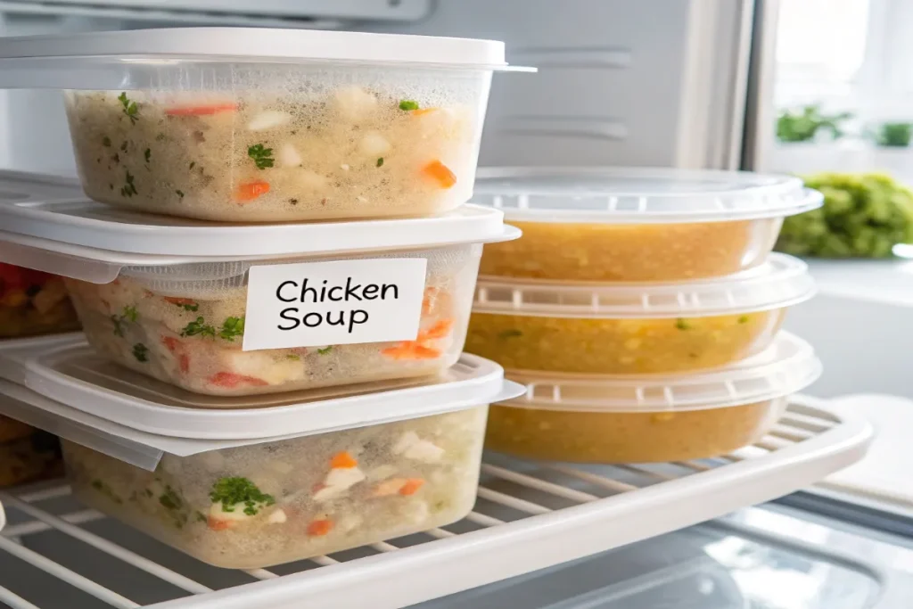 Meal prep containers storing rotisserie chicken soup