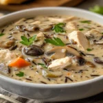 creamy mushroom chicken and wild rice soup in bowl with parsley