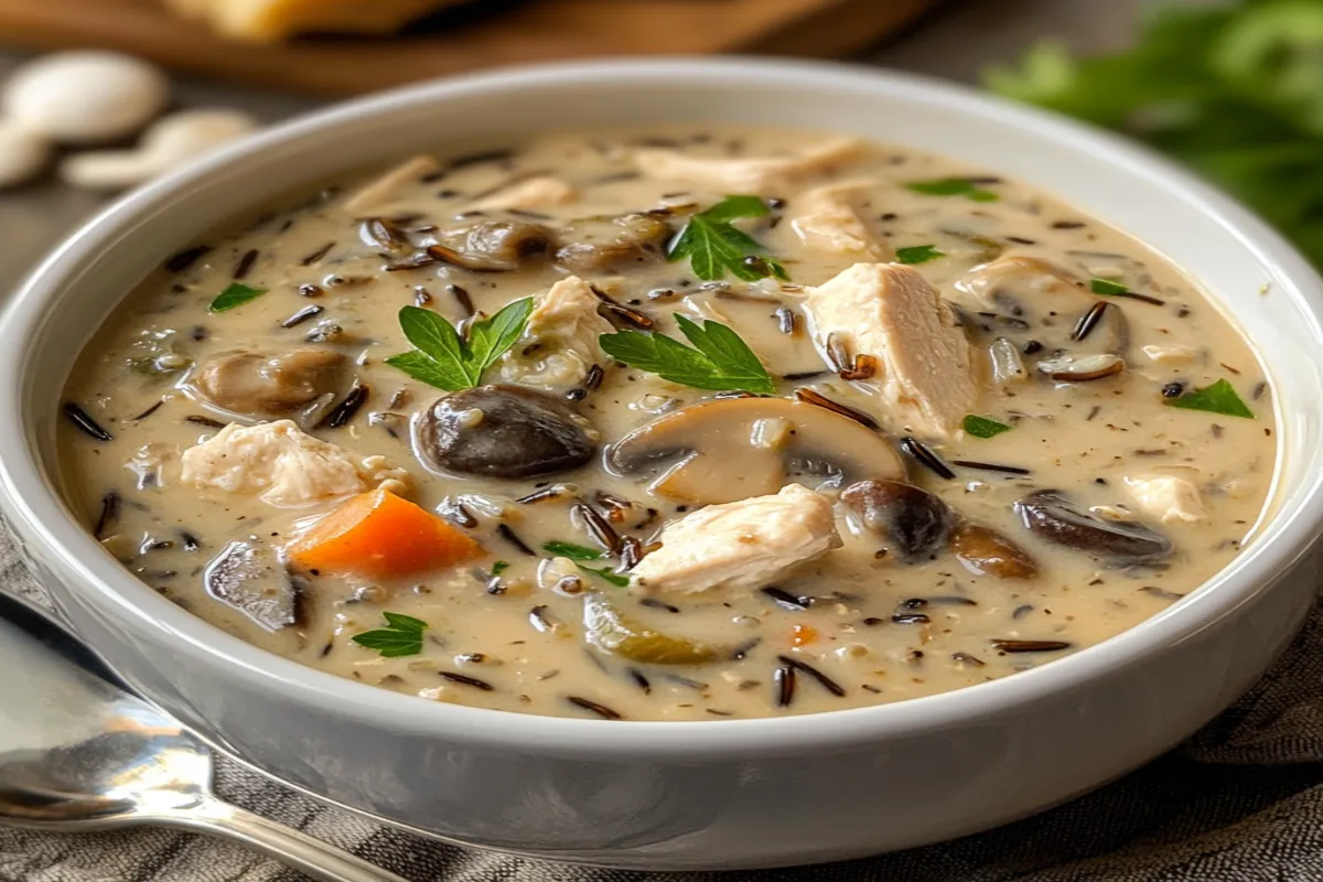 creamy mushroom chicken and wild rice soup in bowl with parsley