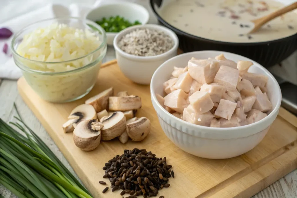 ingredients for creamy mushroom chicken and wild rice soup