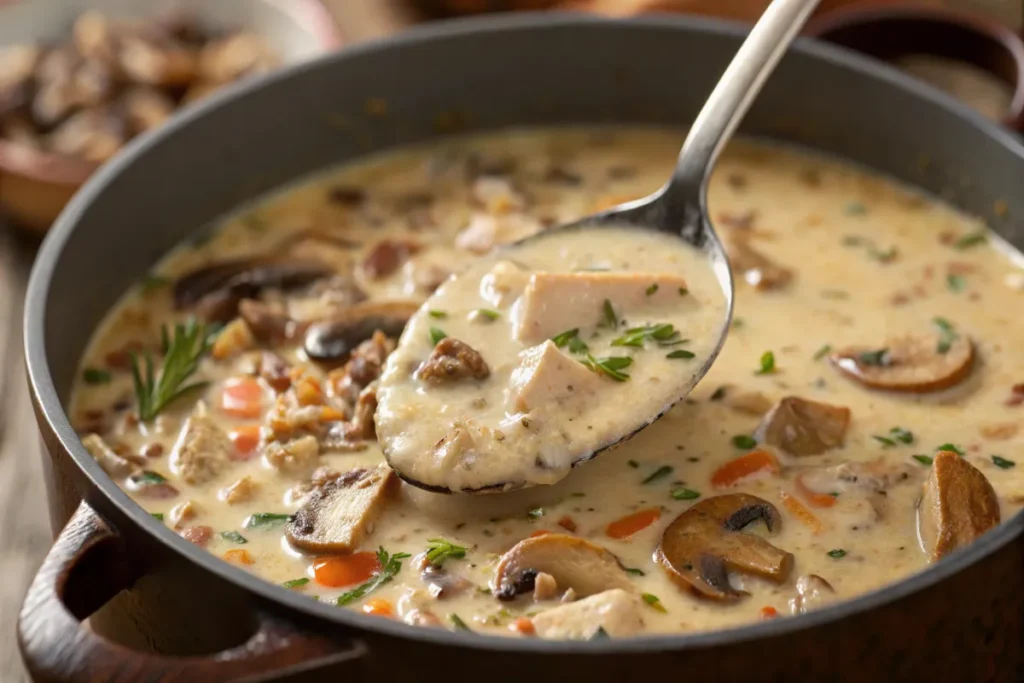 creamy mushroom chicken and wild rice soup simmering
