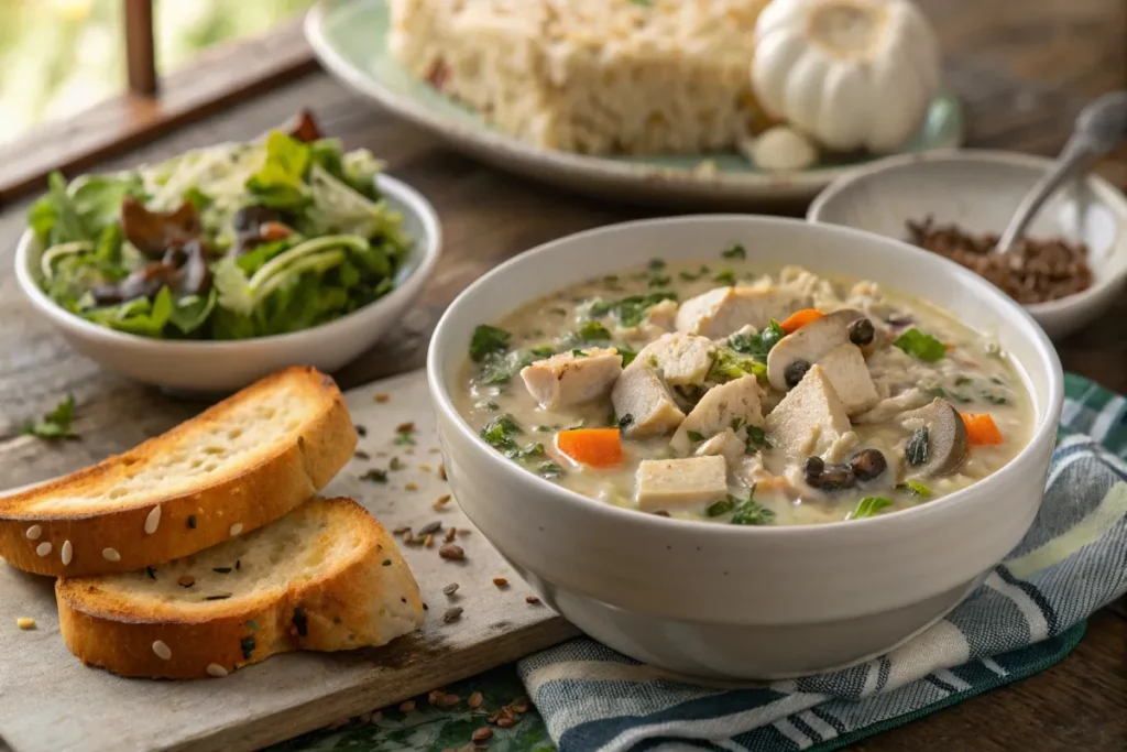 creamy mushroom chicken and wild rice soup with side dish