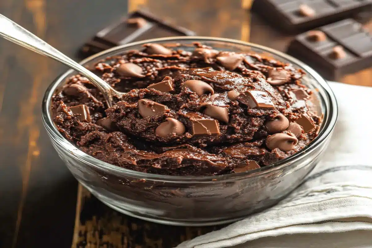 edible brownie batter in a glass bowl
