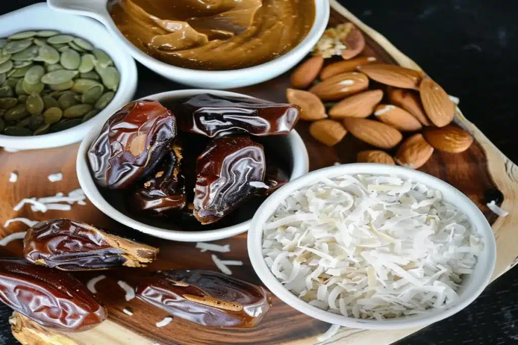 Overhead view of no-bake chocolate date bark ingredients: dates, peanut butter, dark chocolate chips, sliced almonds, hemp seeds, pumpkin seeds, shredded coconut, and sea salt on a wooden board