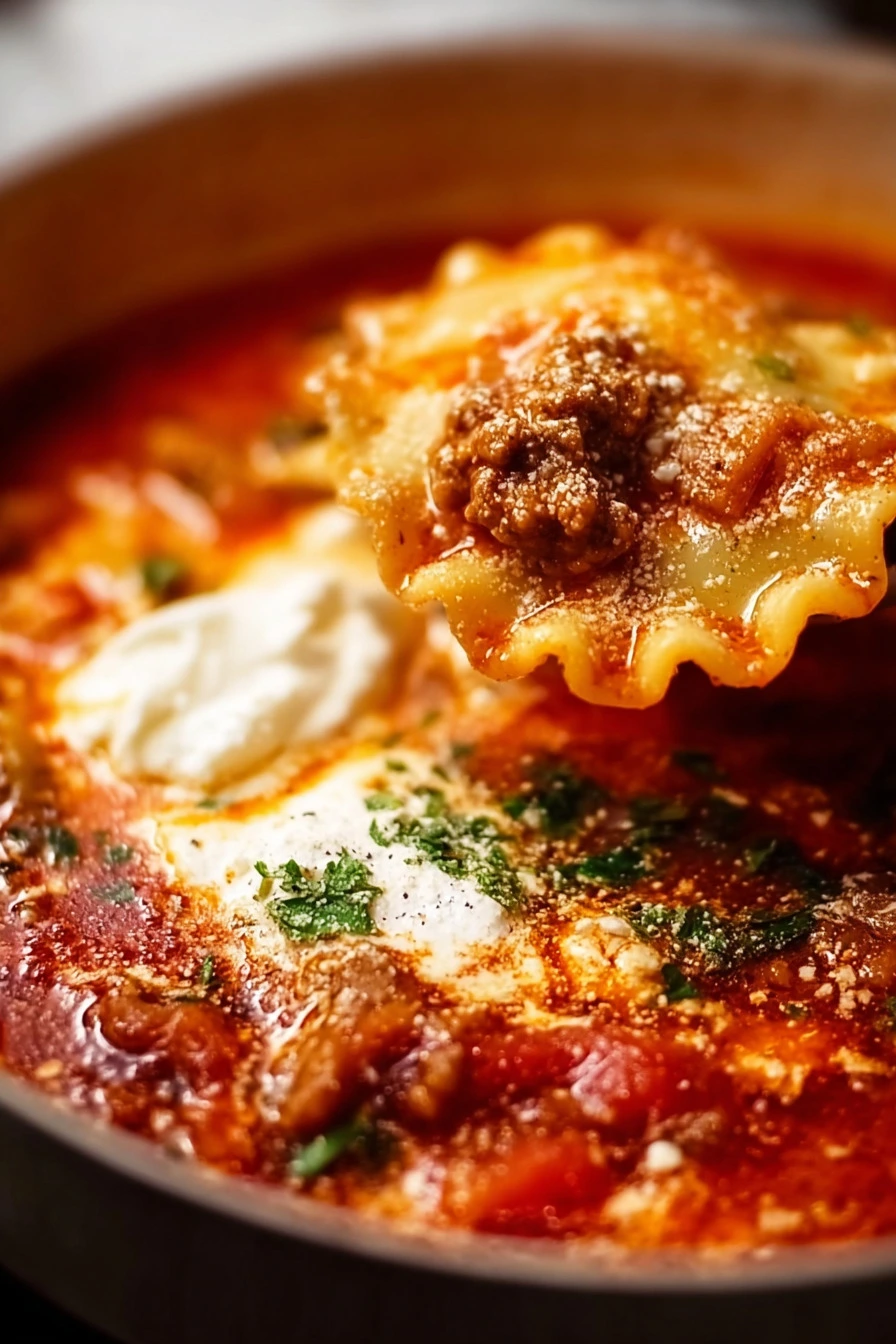 A close-up of Italian Lasagna Soup with rich tomato broth, ground beef, lasagna noodles, melted cheese, and fresh herbs, served hot in a bowl.