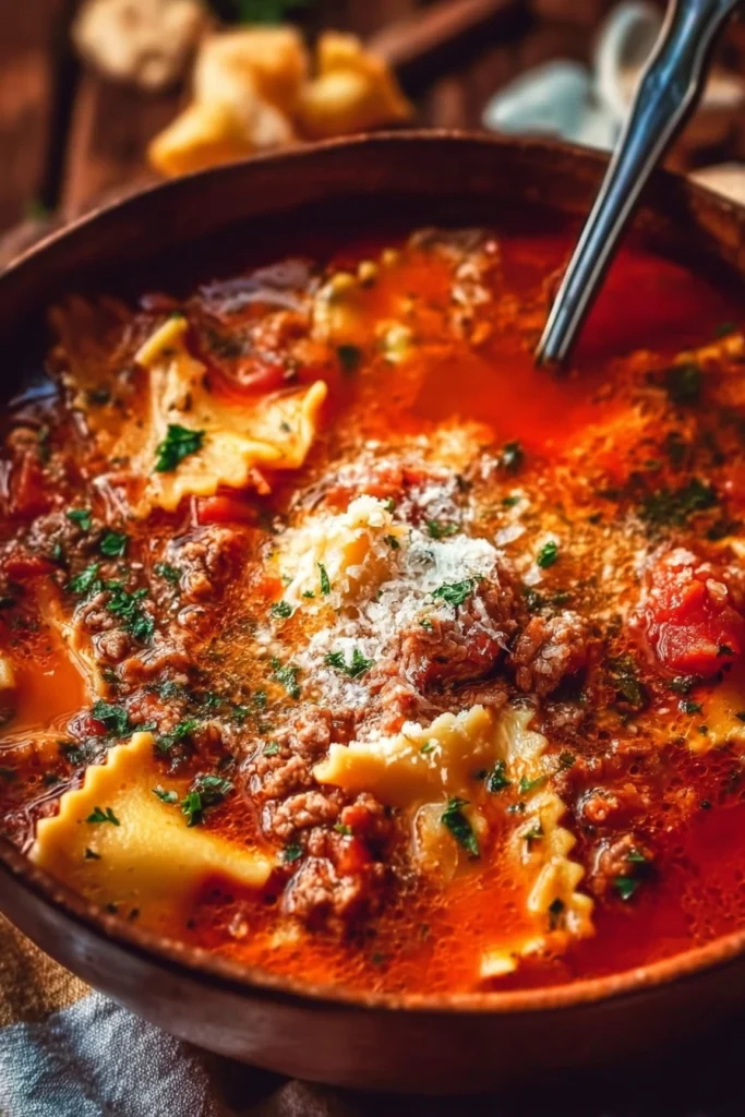 A bowl of Italian Lasagna Soup filled with lasagna noodles, ground beef, tomato broth, and topped with grated Parmesan and fresh parsley.