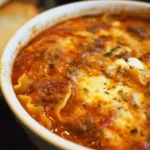 A close-up of cheesy Lasagna Soup in a white bowl, showing layers of noodles, tomato sauce, ground beef, and melted mozzarella on top.