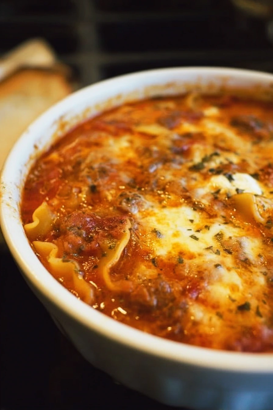 A close-up of cheesy Lasagna Soup in a white bowl, showing layers of noodles, tomato sauce, ground beef, and melted mozzarella on top.