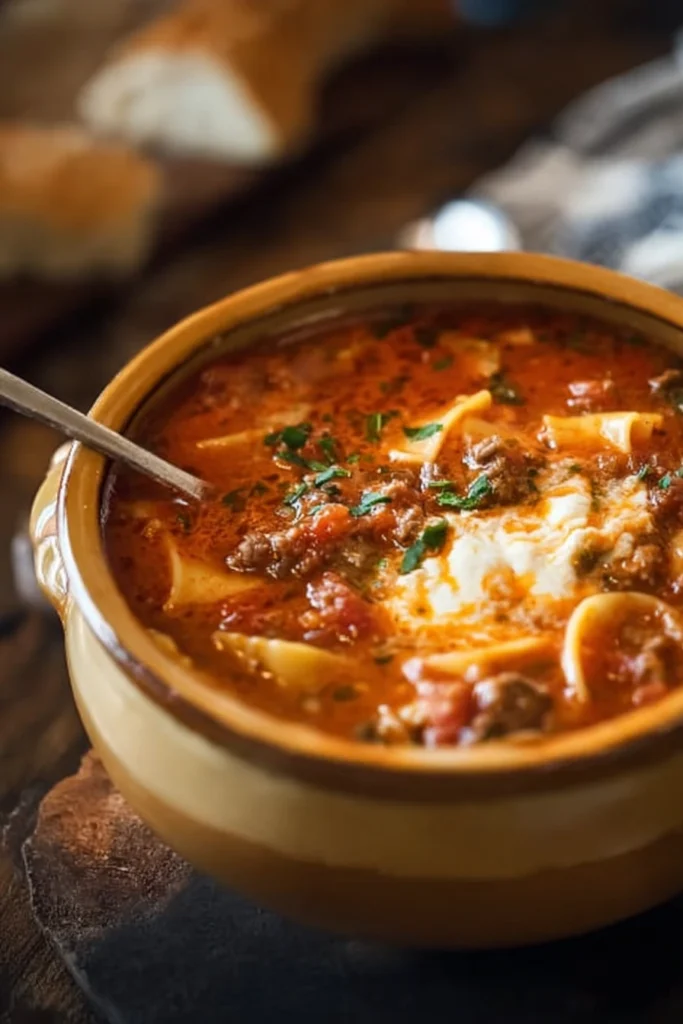 A rustic bowl of hearty lasagna soup filled with tomato broth, ground beef, noodles, and melted cheese, garnished with fresh parsley and served with bread.