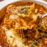 A spoon lifting cheesy lasagna noodles from a bowl of creamy lasagna soup topped with melted mozzarella, tomato sauce, and fresh basil.