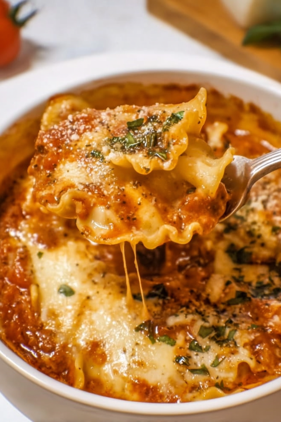 A spoon lifting cheesy lasagna noodles from a bowl of creamy lasagna soup topped with melted mozzarella, tomato sauce, and fresh basil.