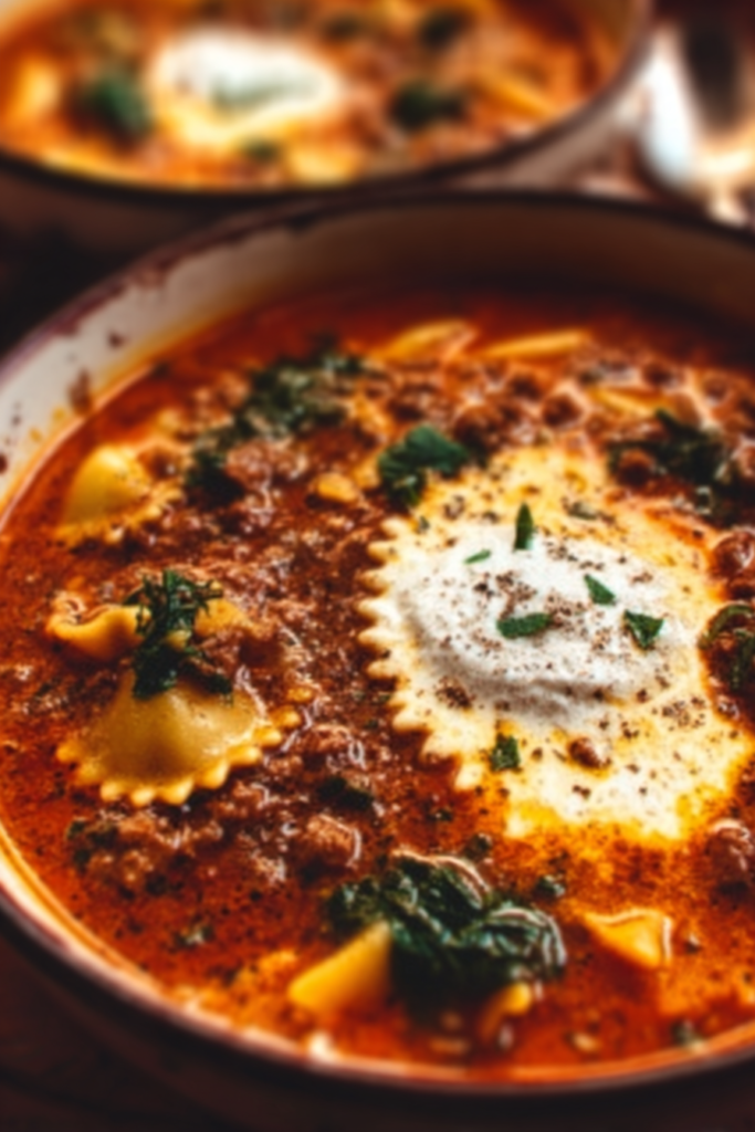 A hearty bowl of one pot lasagna soup topped with creamy ricotta and fresh herbs, filled with ground beef, spinach, and tender lasagna noodles in rich tomato broth.