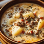A cozy bowl of Crockpot Creamy Potato and Hamburger Soup with chunks of potatoes, seasoned ground beef, and creamy broth, garnished with fresh herbs.