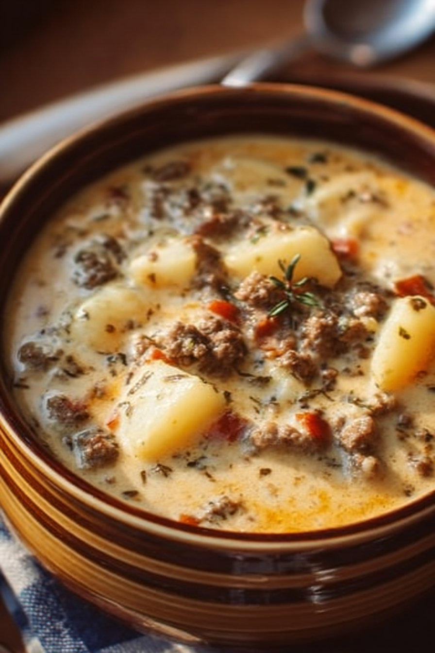A cozy bowl of Crockpot Creamy Potato and Hamburger Soup with chunks of potatoes, seasoned ground beef, and creamy broth, garnished with fresh herbs.
