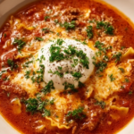A warm bowl of One Pot Lasagna Soup topped with a dollop of ricotta cheese, melted mozzarella, and sprinkled parsley over a rich tomato and beef broth.