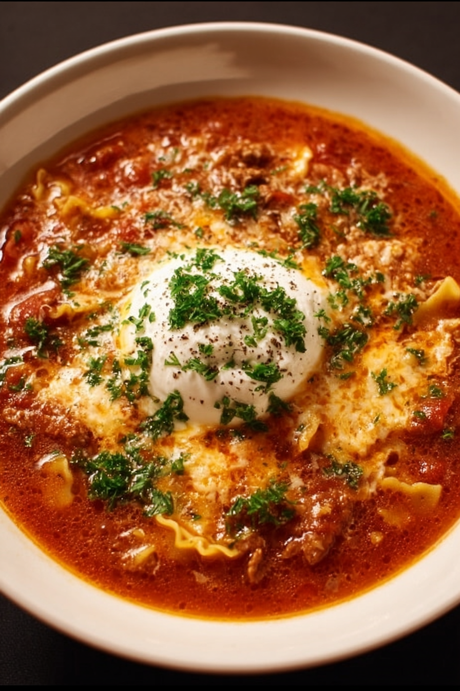 A warm bowl of One Pot Lasagna Soup topped with a dollop of ricotta cheese, melted mozzarella, and sprinkled parsley over a rich tomato and beef broth.