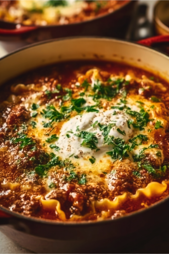 A pot of One Pot Lasagna Soup simmering with ground beef, tomato sauce, melted cheese, and fresh parsley on top, ready to serve for a cozy dinner.