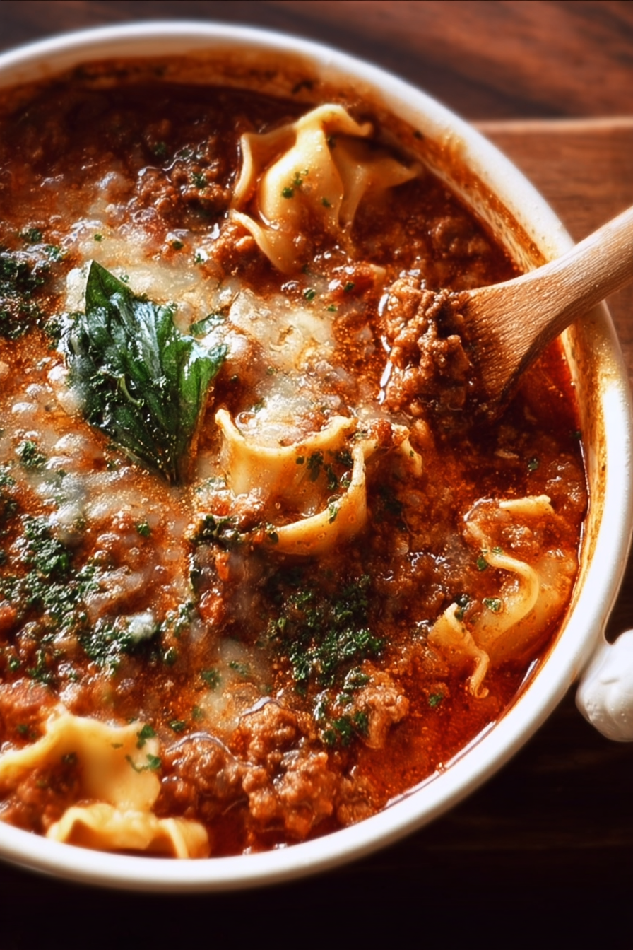 Close-up of hearty one pot lasagna soup with ground beef, lasagna noodles, melted cheese, and fresh basil, served hot in a white bowl with a wooden spoon.