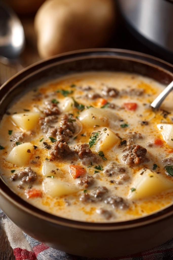 A bowl of Crockpot Creamy Potato and Hamburger Soup filled with ground beef, tender potatoes, diced carrots, and creamy broth, topped with herbs and served warm.