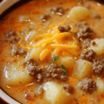 A warm bowl of Easy Cheesy Hamburger Potato Soup with tender potatoes, seasoned ground beef, and melted cheddar cheese in a creamy broth.