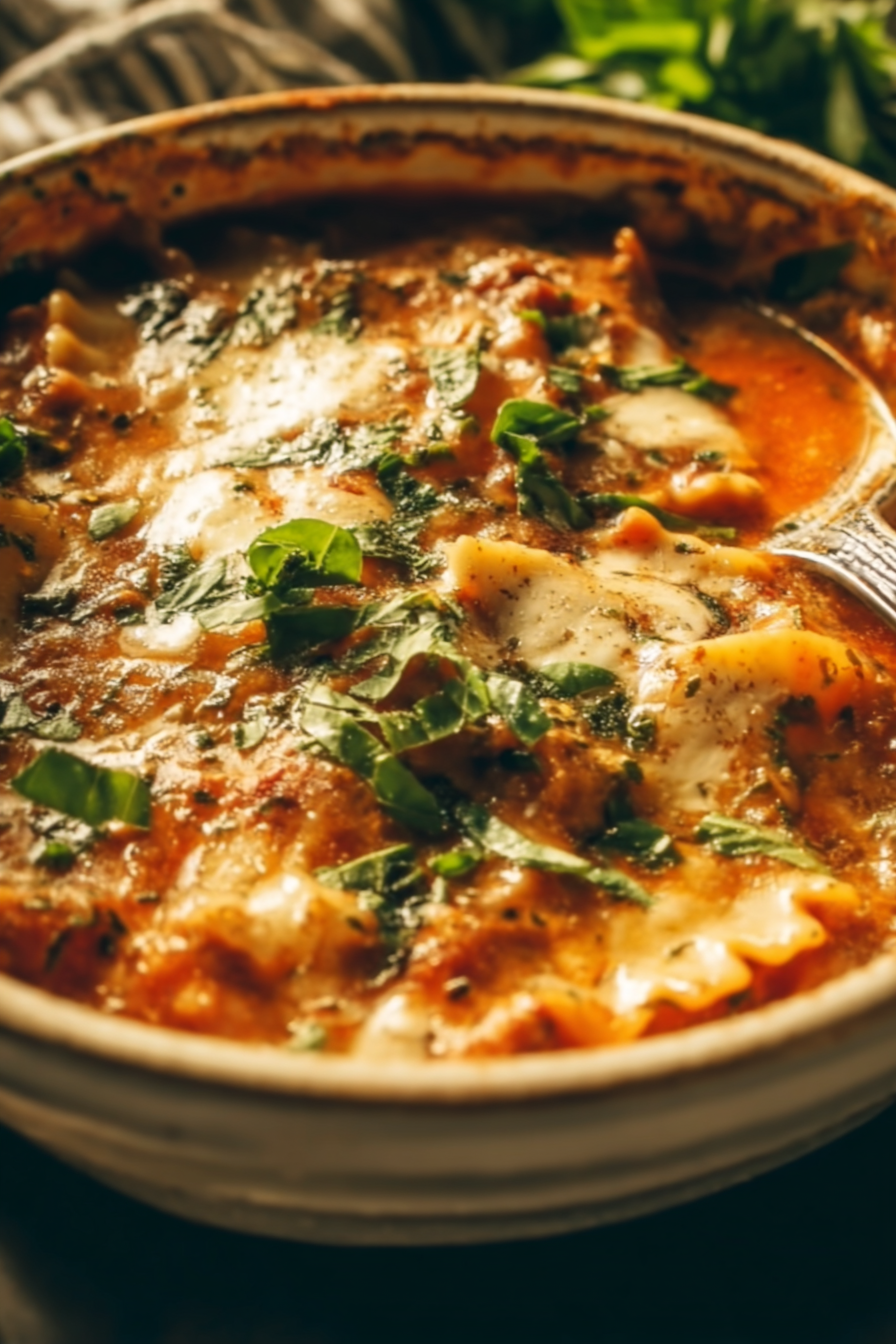 A cozy bowl of creamy lasagna soup topped with melted cheese and fresh basil, showing rich tomato broth and tender noodles.