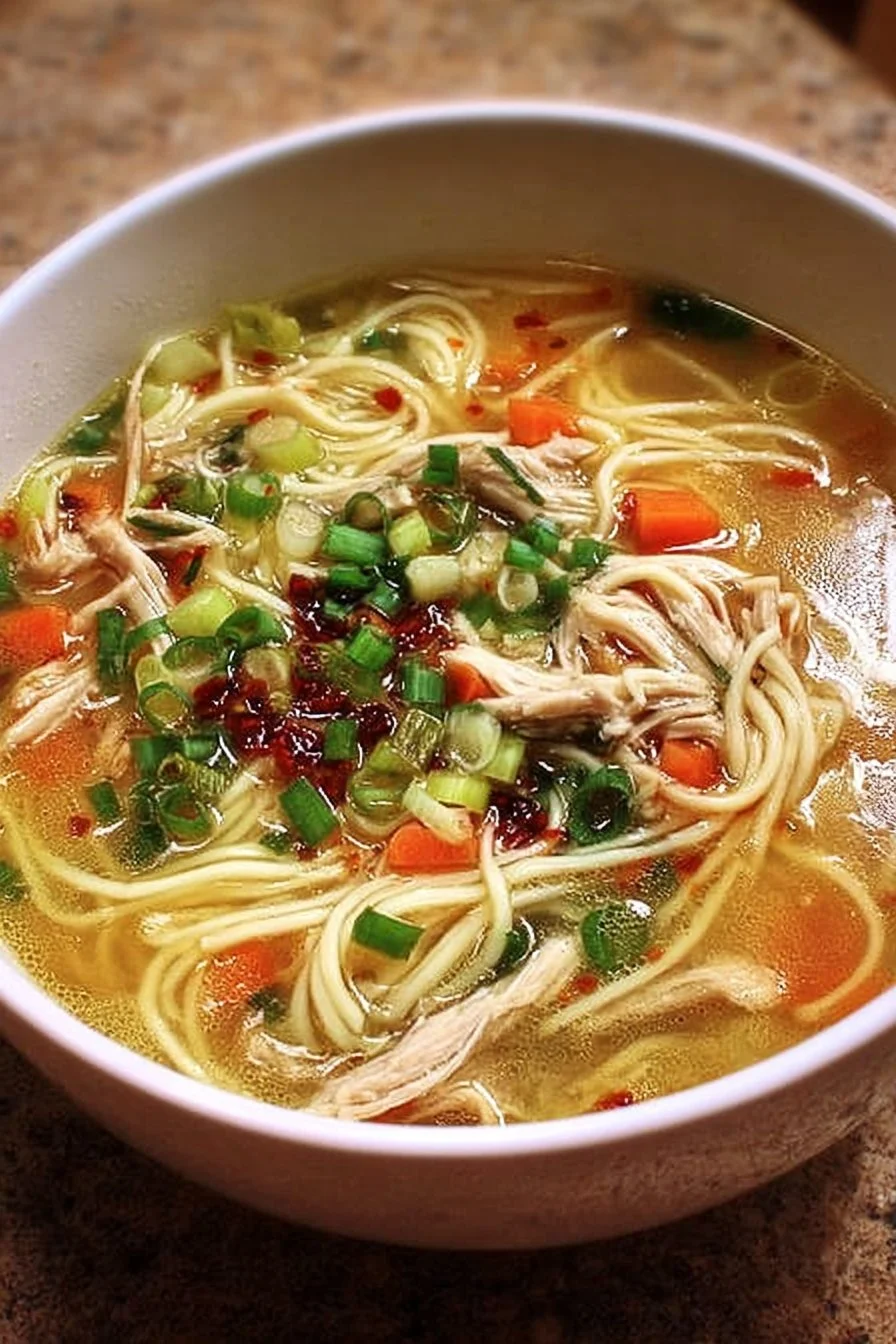 Bowl of aromatic ginger garlic chicken noodle soup with fresh herbs.
