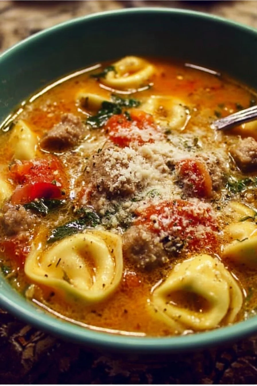 Bowl of Autumn Tortellini Soup with Sausage topped with herbs