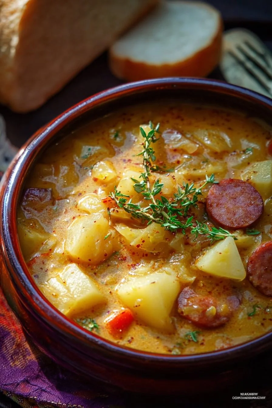 Bowl of Cajun Potato Soup garnished with parsley and spices