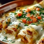 Delicious Chicken Enchiladas topped with creamy Sour Cream White Sauce