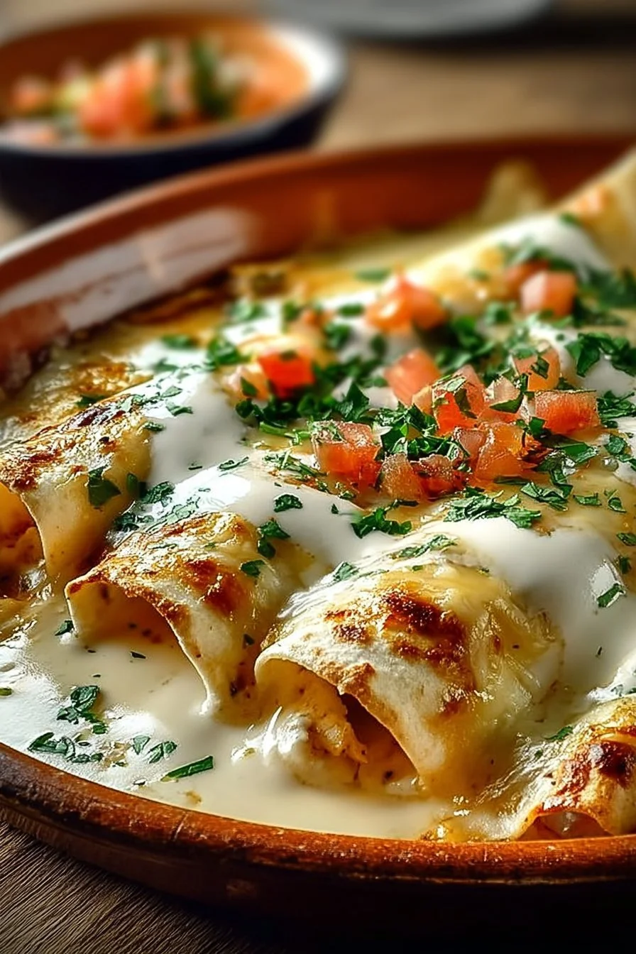 Delicious Chicken Enchiladas topped with creamy Sour Cream White Sauce