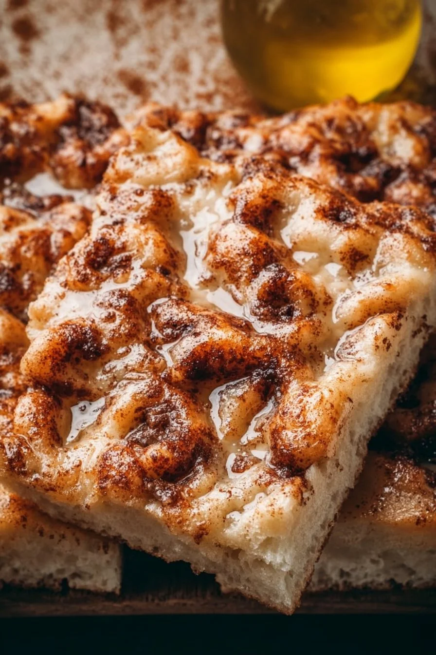 Freshly baked cinnamon focaccia bread topped with cinnamon and sugar.