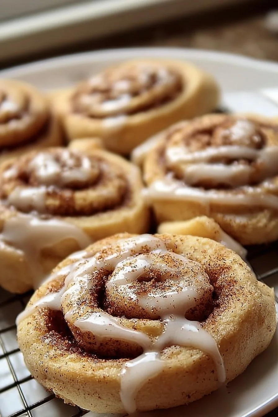 Freshly baked cinnamon roll cookies topped with icing and cinnamon sugar.