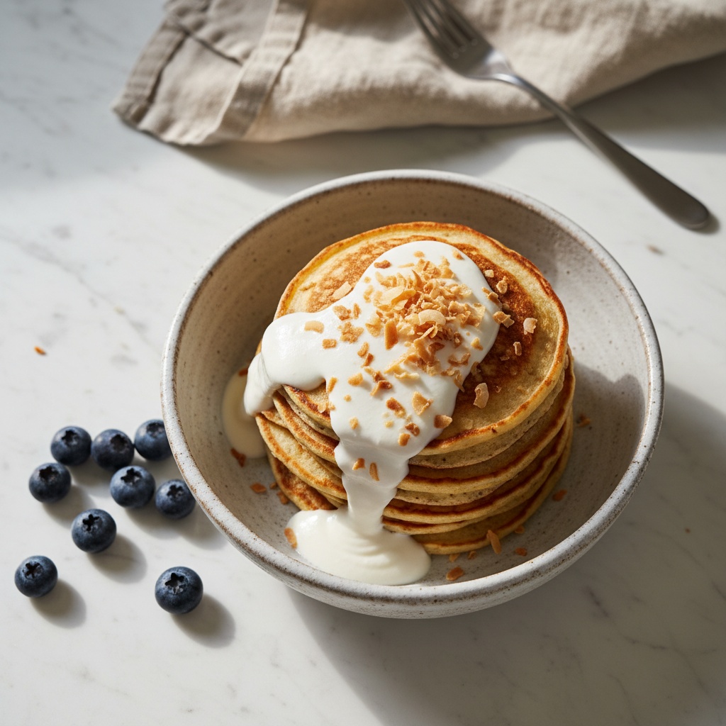 Delicious Sweet Coconut Cream Pancakes in a bowl, drizzled with cream.