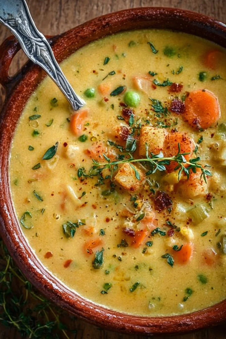 Bowl of creamy vegetable soup with colorful vegetables and fresh herbs