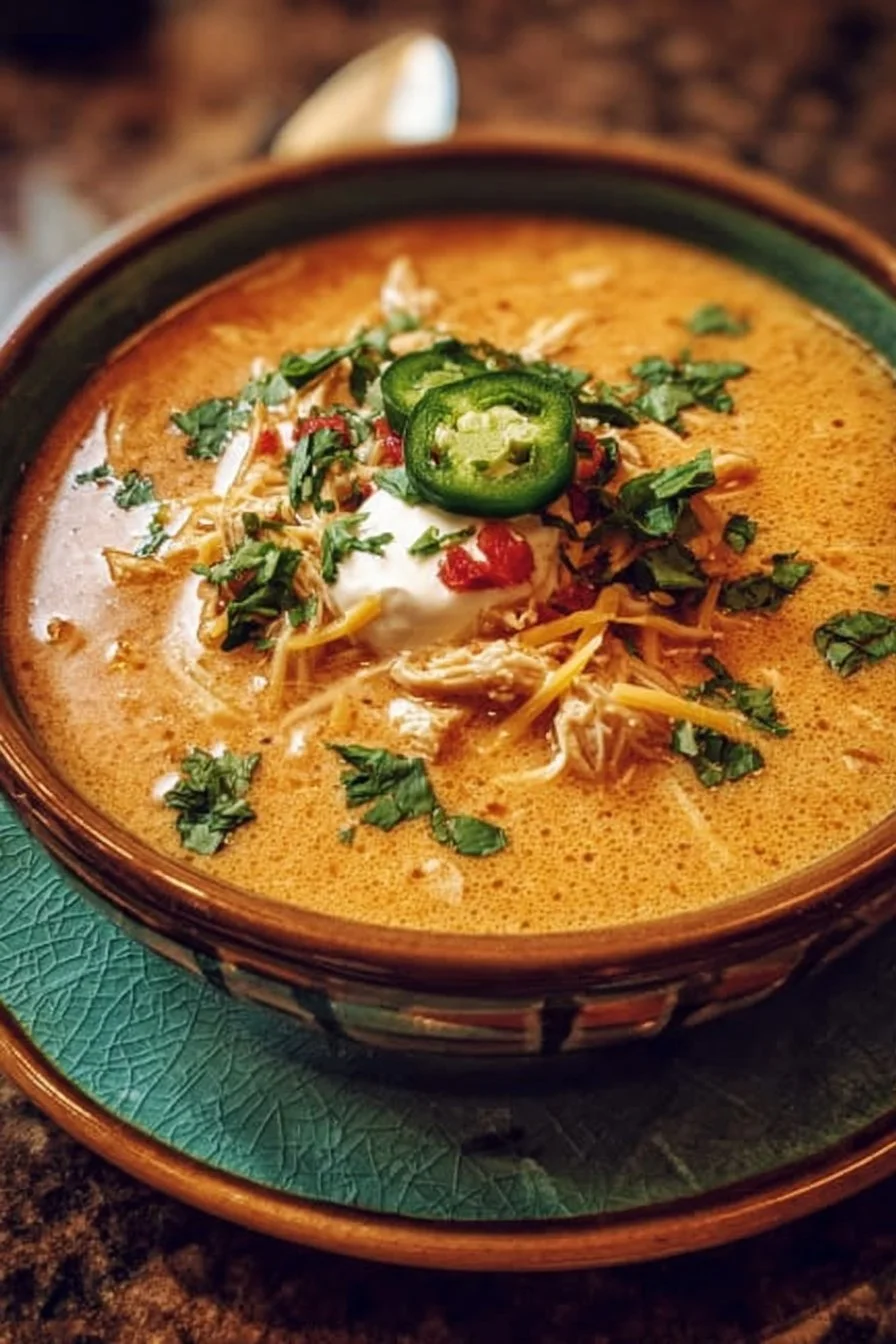 Creamy chicken enchilada soup garnished with cilantro and lime